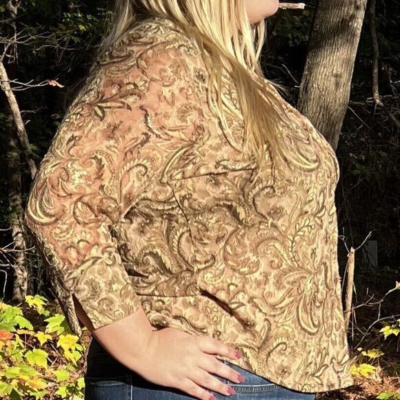Casual Corner Annex Y2K 90s Green Brown Paisley Mesh Lace Button Down Top Size X - Picture 2 of 10